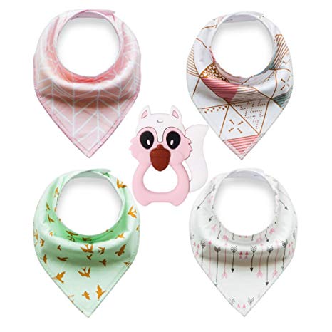 G' abigale Fairy Baby Bandana Drool Bibs, Unisex 4-pack Absorbent Cotton with Bonus Squirrel Baby Teether Lovely Baby Gift for Boys & Girls (fashion 1)
