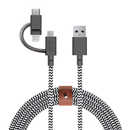 Native Union Belt Cable Universal - 6.5ft Ultra-Strong [Apple MFi Certified] Reinforced Charging Cable with 3-in-1 Adaptor for Lightning, USB-C and Micro-USB Devices (Zebra)