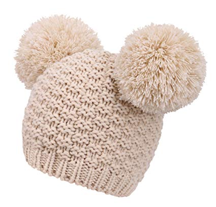 Women's Winter Chunky Knit Beanie Hat with Double Pom Pom Ears