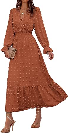 BTFBM Women Fall Dresses 2024 Long Sleeve V Neck Swiss Dots Maxi Dress Boho Long Dress High Waisted A-Line Ruffle Dress