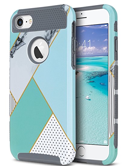 iPhone 7 Case, ULAK Colorful Series Slim Hybrid Scratch Resistant Hard Back Cover Shock Absorbent TPU Bumper Case for Apple iPhone 7 4.7 inch - Mint Geometric Marble