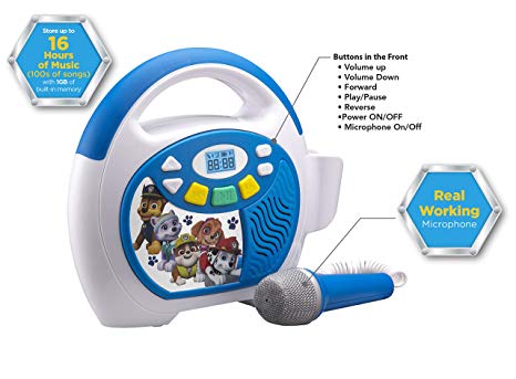 Paw Patrol Bluetooth Sing Along Portable MP3 Player Real Working Microphone Stores Up To 16 Hours of Music with 1 gb Built In Memory USB Port to Expand Your Content Built In Rechargeable Batteries