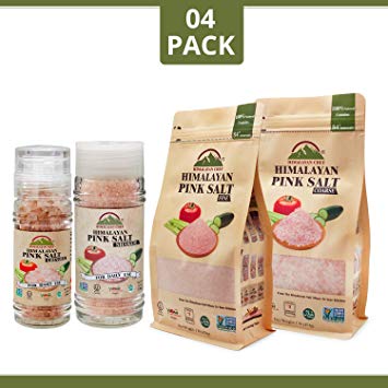 Himalayan Pink Salt, Natural Fine & Coarse Salt Bag, Refillable Glass Grinder and Shaker