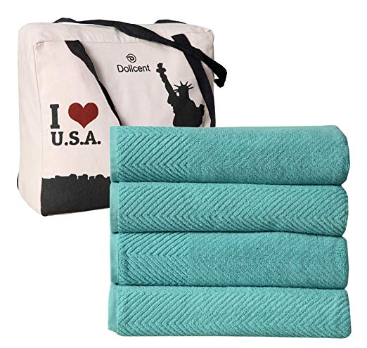 DOLLCENT- 600 GSM Jacquard Chevron 100% Combed Cotton Bath Towels Set- Hotel Spa Towel- Super Absorbent Ultra Soft Cotton Bath Towel Set- 28"x56" Extra Large Bath Towel- 4 Pack Aqua Cotton Bath Towels