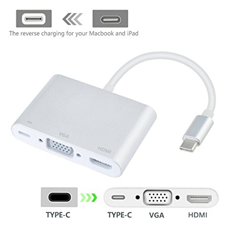 Type C To HDMI VGA Adapter, ProCIV Type C USB 3.1 Hub USB-C to USB 3.0/ HDMI (4Kx2K)   VGA / Type C Female Charger Adapter for New MacBook, 2015 MacBook 12 Inch Laptop (No Driver) (Silver)