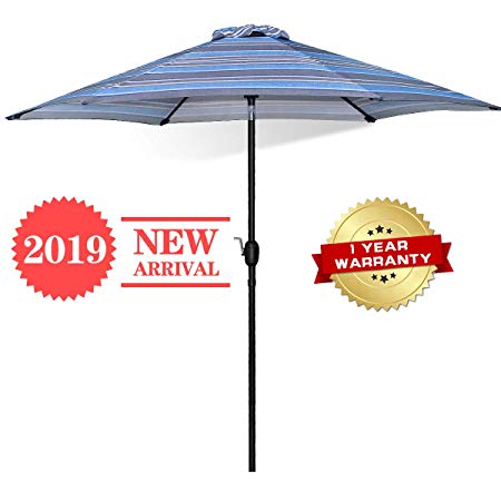 FRUITEAM Outdoor Umbrella 9ft Patio Umbrellas Table Umbrella Tilt Adjustment Crank Lift,UV Protection Pool Market Striped Umbrella, Lightweight Aluminum Pole Awning Blue Stripe, 1 Year Warranty