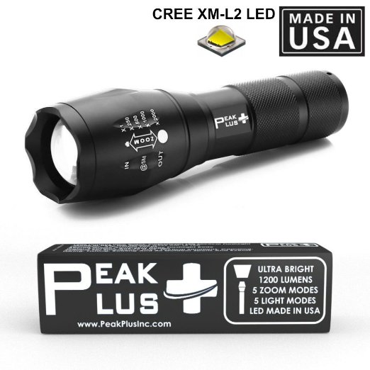 PeakPlus Best and Brightest LED Flashlight CREE XM-L2 - 1200 Lumen LED Made in USA, Zoomable Adjustable Focus, 5 Modes, Water Resistant Tactical Torchlight For Outdoors, Camping, Hiking, Fishing
