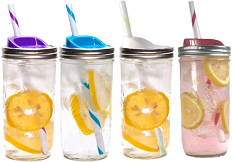 Mason Drinking Jar with Straw and Sip Lid - 24 oz. (24 Ounce - 4 PK, Blue, Green, Purple & Red)