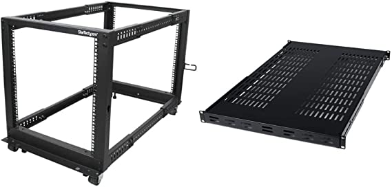 StarTech.com 12U Open Frame Server Rack, Black & 1U Adjustable Vented Server Rack Mount Shelf - 175lbs - 19.5 to 38in Deep Universal Tray for 19" AV/Network Equipment Rack (ADJSHELF), Black