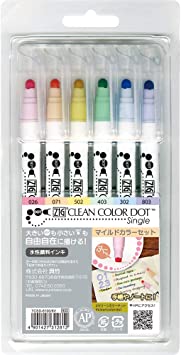 Kuretake Zig Clean Color Dot Pens Water Based Marker Single, 6 Mild Colors Set (TCSD-6100/6V)