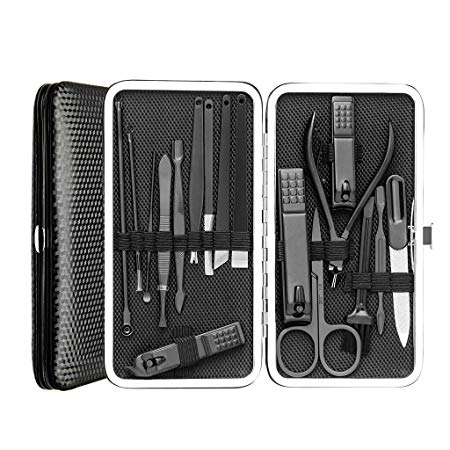 Manicure Pedicure Set Nail Clippers 17 Piece Stainless Steel Nail Kit & Professional Grooming Kit with Black Leather Travel Case