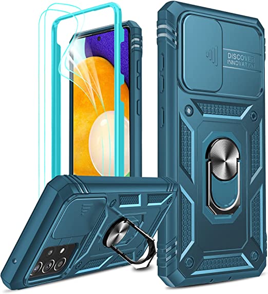 Samsung Galaxy A52 5G Case, A52S 5G Phone Case with Slide Camera Cover   [2 Pack] HD Screen Protector, LeYi 360 Full Body Shockproof Case with Kickstand for Galaxy A52 5G / A52S 5G, Blue