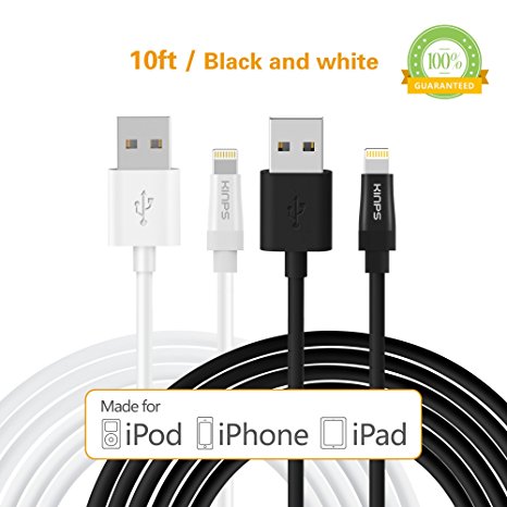 Apple MFI Certified Lightning Cable- Kinps 10ft/3m Extra Long 8 pin Lightning Sync and Charge Cable with Compact Connector Head for iPhone, iPod and iPad (10FT - Black&White)