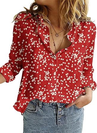 Dokotoo Women's Casual V Neck Alicia Floral Print Roll Up Long Sleeve Chiffon Button Down Blouses Bohemian Top Shirts