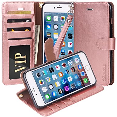 iPhone 7 Case, Moze iPhone 7 Wallet Case [4 Card Slots ] [Wrist Strap] [Stand Feature] PU Leather Flip Wallet Case Cover for iPhone 7 (4.7) - Rose Gold