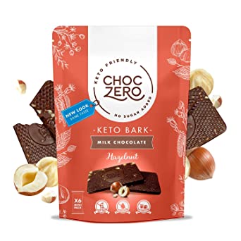 ChocZero Keto Bark, Milk Chocolate Hazelnuts, 100% Stone-Ground, No Added Sugar, Low Carb, No Sugar Alcohols, Non-GMO (6 bars/box)