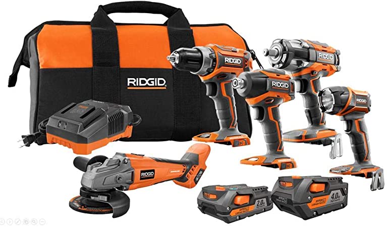 Ridgid 18-V Lithium-Ion Brushless Cordless 5 Tool Combo Kit with 1 4.0 Ah Battery, 1 2.0 Ah Battery Charger & Bag