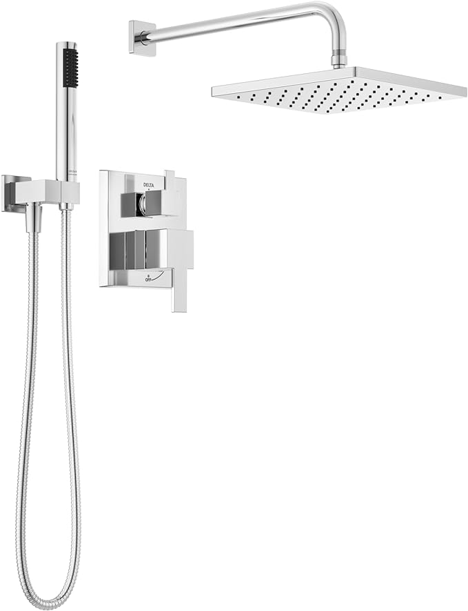 Delta Faucet Modern Raincan 2-Setting Square Shower System Including Rain Shower Head and Handheld Spray Chrome, Rainfall Shower System Chrome, Shower Valve and Trim Kit, Chrome 342701