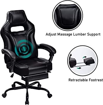 HEALGEN Reclining Gaming Chair with Adjustable Massage Lumbar Pillow and Footrest- Memory Foam PC Computer Racing Chair - Ergonomic High-Back Office Desk Chair GM005 (9076BLACK)