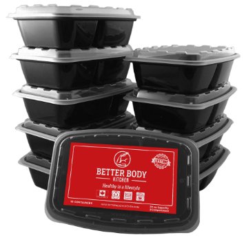Meal Prep Food Containers by Better Body Kitchen ( Set of 10 ) - 2 Compartments and 28 oz Capacity for a Bigger Better Meal