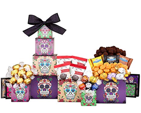 Wine Country Gift Baskets Chocolate Dia De Los Muertos Gift Tower Celebrate the Day of The Dead Sugar Skull Reusable Decorative Boxes