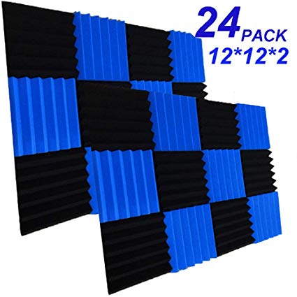 24 Pack Acoustic Foam Panels 2" X 12" X 12" Soundproofing Studio Foam Wedge Tiles Fireproof - Top Quality - Ideal for Home & Studio Sound Insulation (24PCS, Black&Blue)