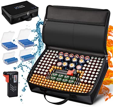 Battery Organizer Storage Case, Fireproof Waterproof Explosionproof Safe Carrying Bag Hard Holder Box with Battery Tester Fits for 200  Batteries AA AAA AAAA C D 9V Lithium 3V LR44 1.5V CR1632 CR2032