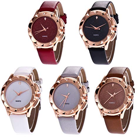 CdyBox Wholesale PU Leather Crystal Watch 5 Pack Rhinestone Starry Sky Wristwatches for Women Girls Gift
