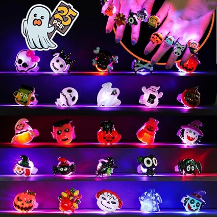 Kimiangel Halloween Party Favors for Kids, 25Pack Halloween LED Flash Light Up Rings Halloween Toys Bulk Trick or Treat Gift Set for Bag Fillers Prizes