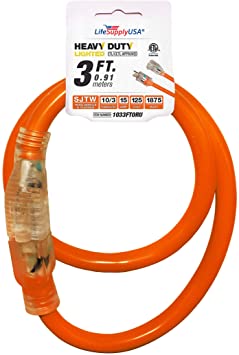 3 ft Extension Cord 10/3 SJTW with Lighted end - Orange- Indoor / Outdoor Heavy Duty Extra Durability 15 AMP 125 Volts 1875 Watts ETL Listed - by LifeSupplyUSA