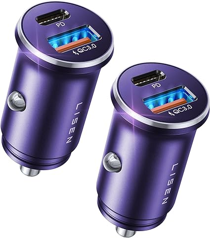 LISEN USB C Car Charger Adapter [2 Pack] [Mini & Metal] Cigarette Lighter USB Charger Fast Charging [PD QC 3.0] USBC Car Phone Charger for iPhone 15 Pro Max Plus 14 Samsung Galaxy S23 iPad Pro, Purple