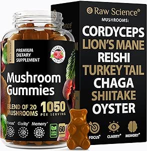 Mushroom Complex Gummies with Lion's Mane, Nootropic Brain Supplements for Memory & Focus: Lions Mane, Cordyceps, Shiitake, Turkey Tail, Reishi, Chaga, Enoki, Oyster Mushrooms, Immune Support 60 Units