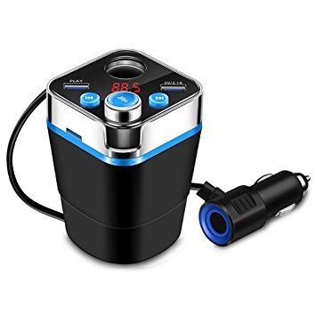 Car Cup Charger Sunsbell Bluetooth FM Transmitter Radio Adapter Car Kit 1 Cigarette Lighter Socket, 2 USB Ports, Car Charger MP3 Player TF Card USB Flash Drive (2 USB Ports   1 Cigarette Lighter)