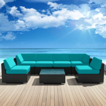 Luxxella Patio Bella Genuine Outdoor Wicker Furniture 7-Piece Gorgeous Couch Sectional Sofa Set  Turquoise
