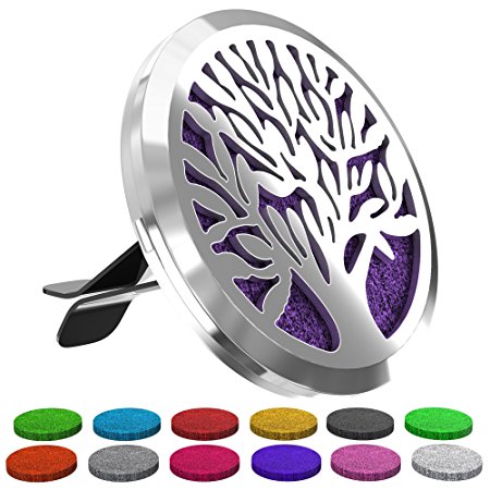 Aroma Outfitters Car Fragrance Diffuser Vent Clip with 12 Felt Pads - Improve Air Quality, Motion Sickness & Promote Calm Driving. Tree of Life Stainless Steel Magnetic Locket