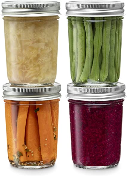 Glass Regular Mouth Mason Jars, 8 Ounce Glass Jars with Silver Metal Airtight Lids for Meal Prep, Food Storage, Canning, Drinking, for Overnight Oats, Jelly, Dry Food, Spices, Salads, Yogurt (4 Pack)