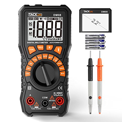 Digital Multimeter, Tacklife DM08 Multimeters Measuring Battery Voltage(1.5V, 6V, 9V, 12V), Auto-Ranging, Non-contact Voltage Detect with 2.2 Inch Large LCD Backlight, Flashlight