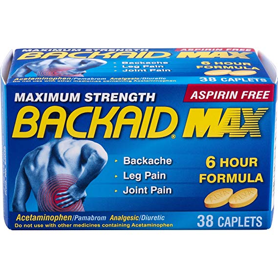 Backaid Max Relief Caplets, Aspirin-Free Pain Relief from Backache, Sciatica, and Leg Pain, Long-Lasting 6 Hour Formula, Analgesic/Diuretic 38 Count