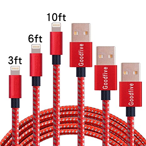 Goodfive Lightning Cable 3Pack 3FT 6FT 10FT Nylon Braided 8 Pin Lightning Cable Cord USB Charging Cable Charger for Apple iPhone 7/7 Plus/6/6s/6 Plus/6s Plus/5/5c/5s/SE,iPad (Red Gray)