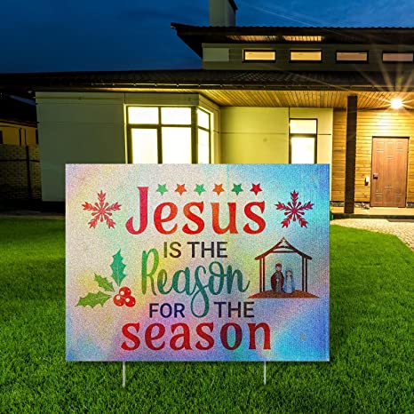 Jesus Is the Reason for the Season Yard Sign Double Sided Christmas Nativity Scene Religious Yard Sign Holographic Reflective Jesus Outdoor Christmas Decorations Waterproof with Stake for Lawn Decor