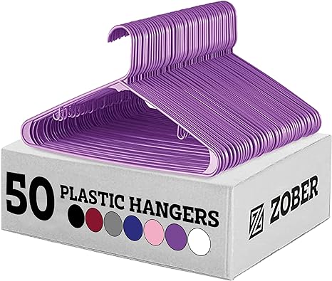 Zober Plastic Hangers 50 Pack - Purple Plastic Hangers - Space Saving Clothes Hangers for Shirts, Pants & for Everyday Use - Clothing Hangers with Hooks