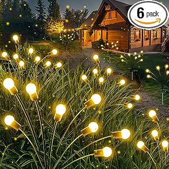 6-Pack Solar Outdoor Lights for Garden, 48 LED Firefly Solar Lights for Outside, Sway by Wind, Waterproof Swaying Solar Powered Yard Lights for Patio Garden Decor Pathway Xmas Decorations (Warm White)