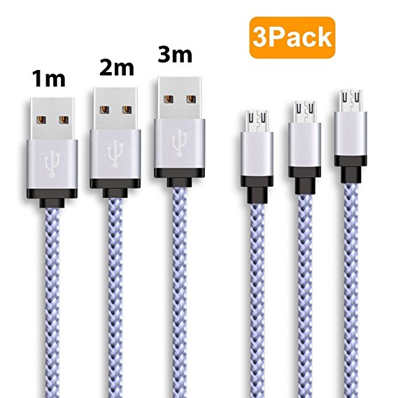 Micro USB cable, Samsung Data Cable 3 Pack (1m 2m 3m) High Speed Nylon Braided Android charger lead for Samsung, Huawei, HTC, Motorola, Nexus, Nokia, LG, Sony and more- White