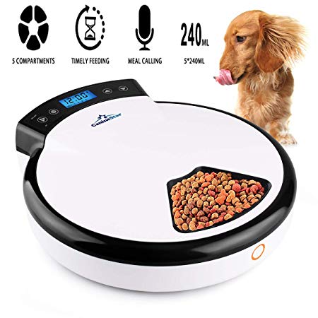 Pet Feeder Automatic, Intelligent Real Voice Recorder Timer Automatic Cat Feeder with LCD Display and 5 Meal 5 x 240ML Trays Dry Wet Food Auto Feeder for Cat Dog Animal by CanineStar