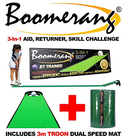 Boomerang Golf Putting Trainer   Skill Challenge   Ball Returner   Putting Aid with 10ft Putting Mat