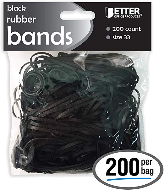 200 Black Rubber Bands, by Better Office Products, Size 33, 200/Bag, Vibrant Black Rubber Bands