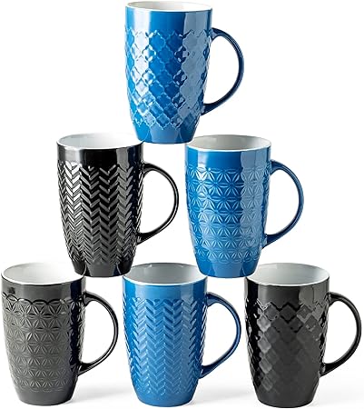 AmorArc Large Coffee Mugs Set of 6, 22oz Ceramic Tall Coffee Mugs Set with Textured Geometric Patterns for Latte/Tea/Beer/Hot Cocoa, Dishwasher & Microwave Safe, Multi