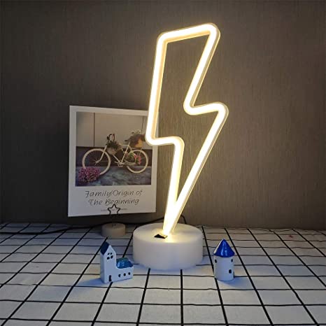 ENUOLI Neon Signs Lightning Bolt Battery Operated and USB Powered Warm White Art LED Decorative Lights with Base Night Lights Indoor for Living Room Office Christmas Wedding Party Decoration