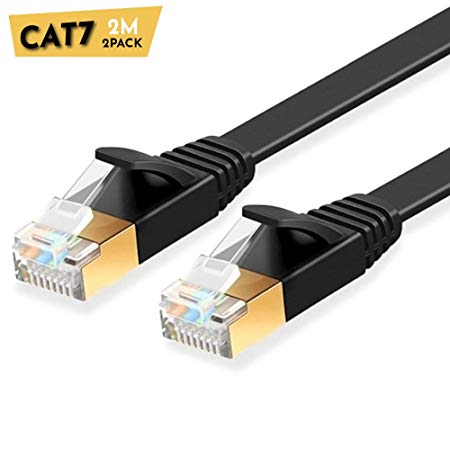 ULTRICS CAT7 Ethernet Cable 2M (2 Pack), High Speed 10Gbps Flat RJ45 Network LAN Cord, Gold Plated Plug STP Wire, Patch Internet Lead Compatible with PS4, Xbox, Router, Modem, Switch, PC – Black