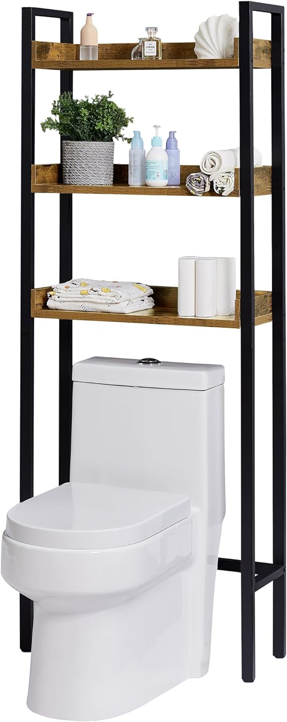 VECELO Over The Toilet Storage, 3-Tier Industrial Bathroom Organizer with Shelf Adjustable Feet, Multifunctional Shelves, Large Capacity, Freestanding Space-Saver, Easy Assembly